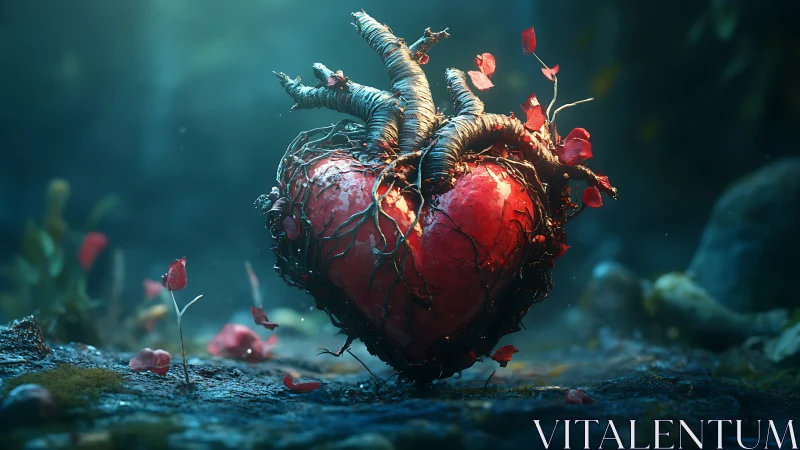 Biomechanical Heart with Spiraling Tendrils in Bioluminescent Aquatic Environment