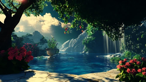 Lush garden pool overlooks waterfall and distant mountains