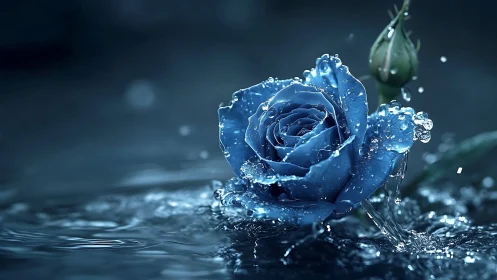 Midnight blue rose shatters raindrops in liquid slow motion