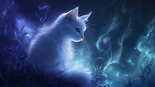 White Cat in Magical Neon Light Environment.