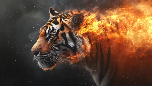 Digital tiger portrait merges realistic fur rendering with fire