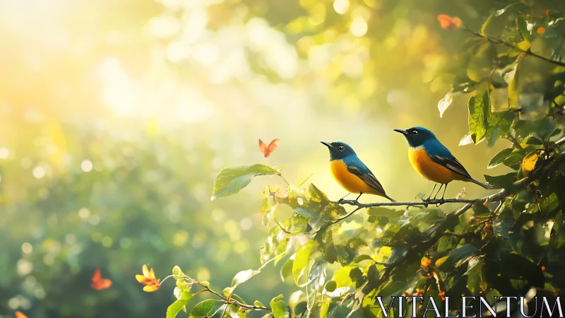 Two Colorful Songbirds on Sunlit Branch in Lush Nature Scene.