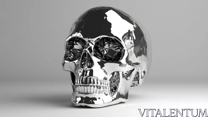 Polished Chrome Human Skull Sculpture in Modern Minimalist Style.