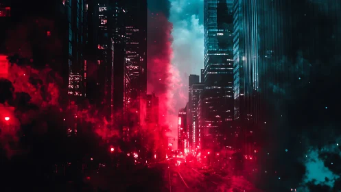 Neon lit city street with red smoke and tall glass towers.