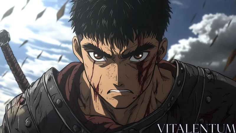 Battle-hardened swordsman glaring under storm-swept sky.