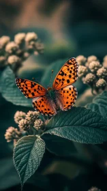 Orange butterfly on green foliage with soft bokeh background.