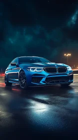 Blue BMW sports sedan parked on wet asphalt at night