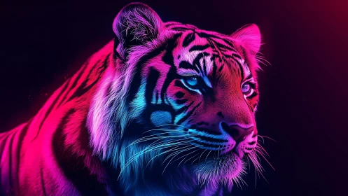 Neon lit tiger portrait glows under vivid magenta cyan light