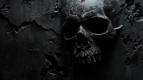 Dark stone skull emerges from cracked shadowed wall.