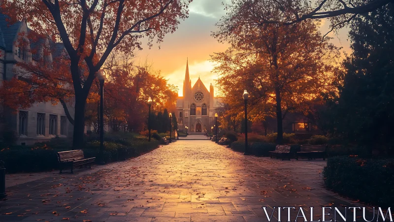 Sunset illuminates a tranquil cathedral walkway in autumn