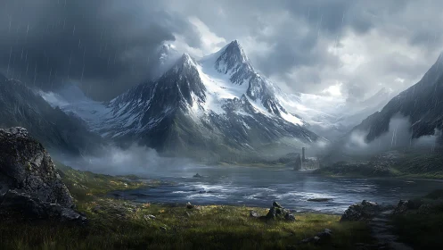 Stormlit alpine lake beneath towering snow peaks.