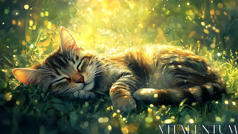 Sunlit feline repose under bokeh-diffused forest luminance.