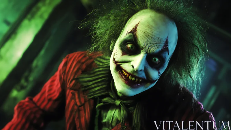Sinister clown portrait under toxic green light.