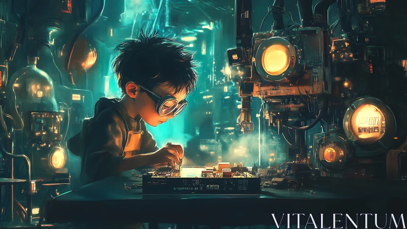 Child with circuit board in dense futuristic workshop environment.