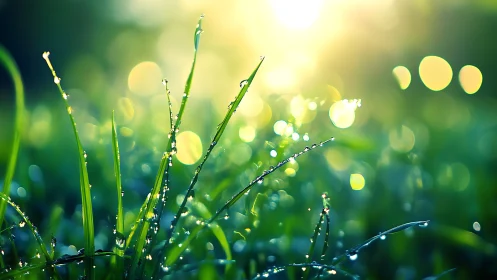 Backlit grass blades with dew droplets in shallow focus.