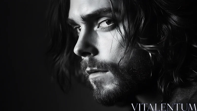 High-contrast monochrome close-up portrait with raking key light