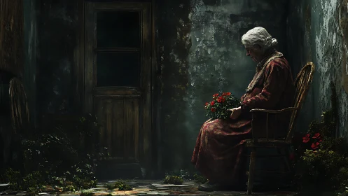 Elderly woman in worn corridor holding vivid red flowers.