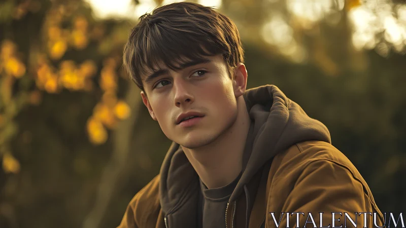 Autumn portrait of pensive young man in cinematic soft focus