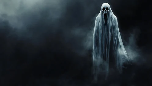 Skull-faced spectral figure emerges through dense cinematic fog