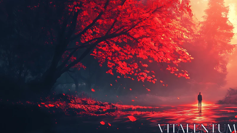 Solitary figure walks under vivid red forest canopy