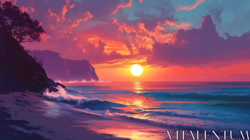 Radiant coastal sunset with saturated chromatic ocean reflections
