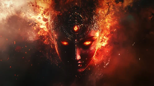 Fiery goddess face emerges from swirling cosmic flames