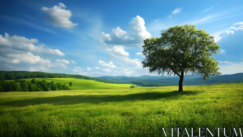 Isolated deciduous tree anchors sunlit meadow under stratocumulus sky