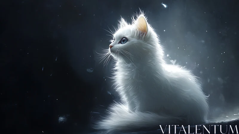 Luminous White Cat Gazes into the Starlit Night.