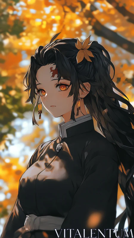 Autumn anime girl in black robe with amber eyes portrait.
