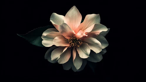 Peach Dahlia Against Black. Layered Petals, Studio Light.