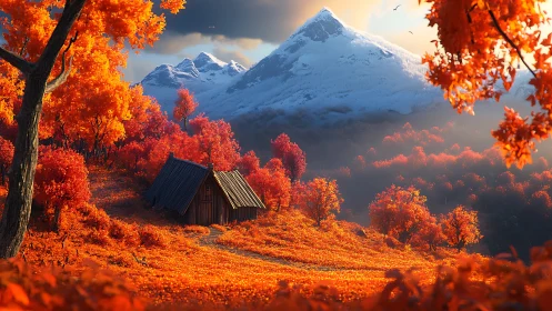 Autumn mountain cabin amid blazing orange forest slope.