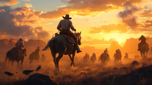 Cowboy riders traverse a sunlit desert plain at golden hour