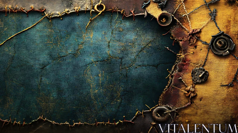 Rugged stitched canvas frame with teal and gold charm.