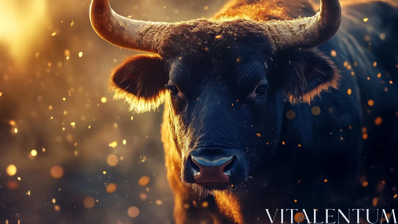 Backlit black bull portrait in golden dusk particulate bokeh
