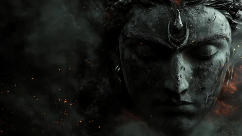 Serene stone deity emerges from embers and swirling smoke