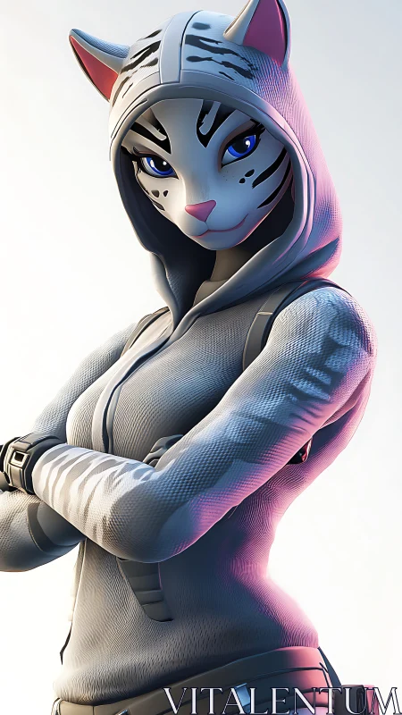3D feline heroine in tactical hoodie with cinematic rim light.