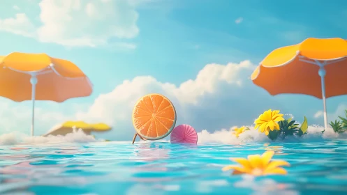 Sunny orange slice lounges by a dreamy summer pool