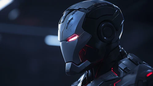 Futuristic armored android gazes ahead in moody blue light.