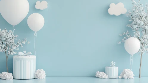 Pastel Cloud Celebration: White Balloons and Floral Arrangement Against Blue Background