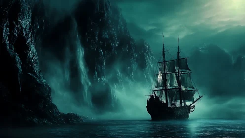 Tall ship silhouettes against misty cliffs in monochrome teal lighting