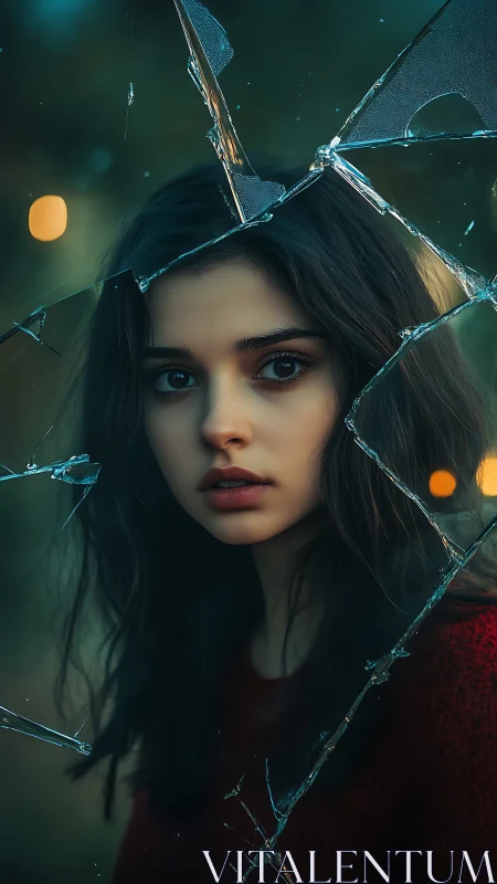 Young woman framed by broken glass shards in soft focus scene