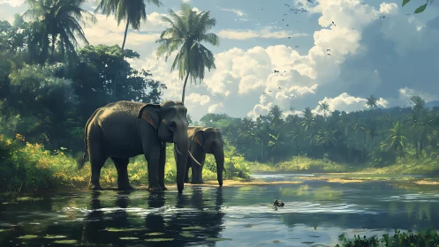 Asian elephants wading in tropical river under dramatic clouds