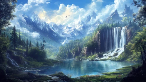 Mountain symphony pours from skybright falls into glassy lake