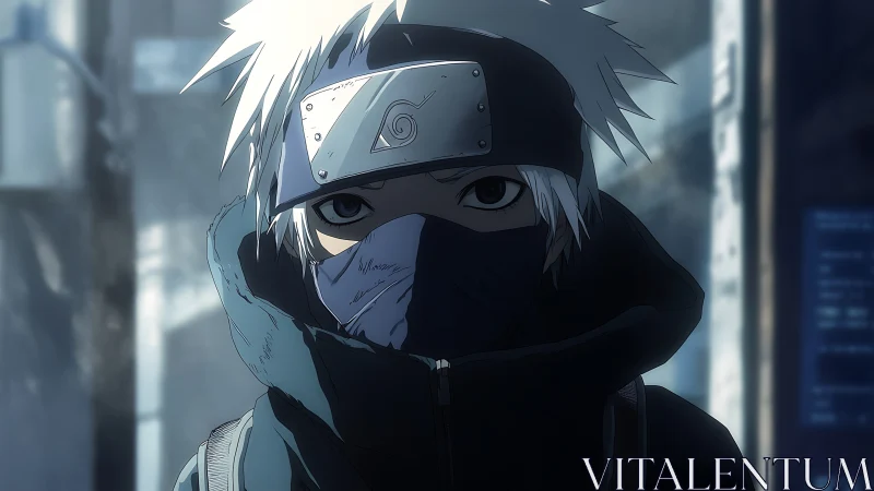 Masked silver-haired ninja with headband in cold city scene.
