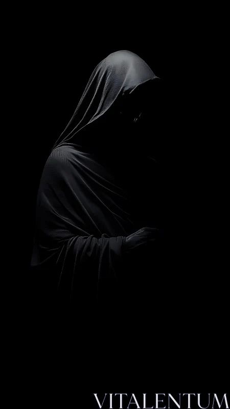 Draped hooded figure isolated in deep chiaroscuro lighting study
