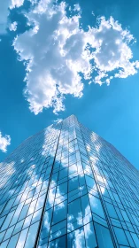 Skyward glass tower gently mirrors bright drifting clouds