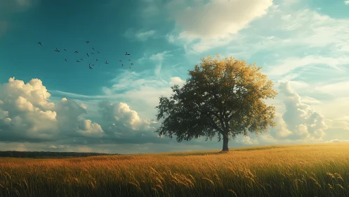 Lone Tree in Golden Field Under Dramatic Sky, Realistic Artwork.