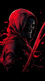 Hooded skeletal reaper rendered in high-contrast red-black vector