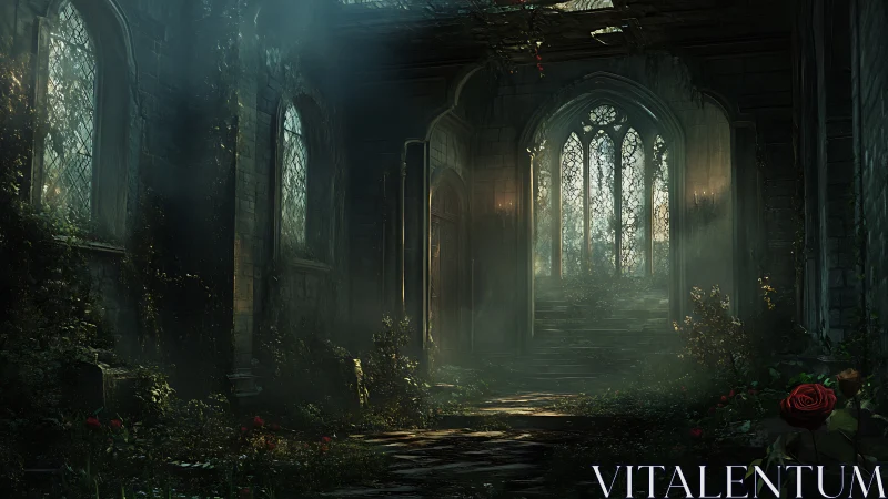 Decayed gothic hall with volumetric light and dense overgrown foliage