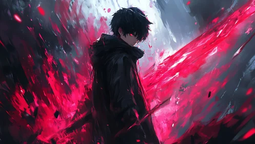 Dark-clad anime swordsman framed by dynamic red energy arcs
